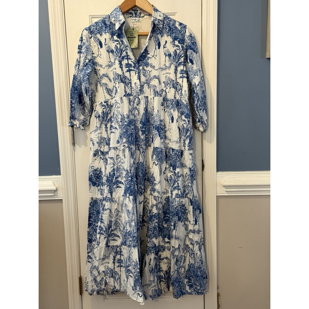 Darlington Isle Blue White Animal  Dress  XL Cotton  Spring Cottagecore Boho